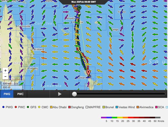 PredictWind Course projections  0640 UTC on February 23, 2015 - four weather feeds all result in very similar recommended courses - how quickly they will travel down the options is another matter. &copy; PredictWind http://www.predictwind.com